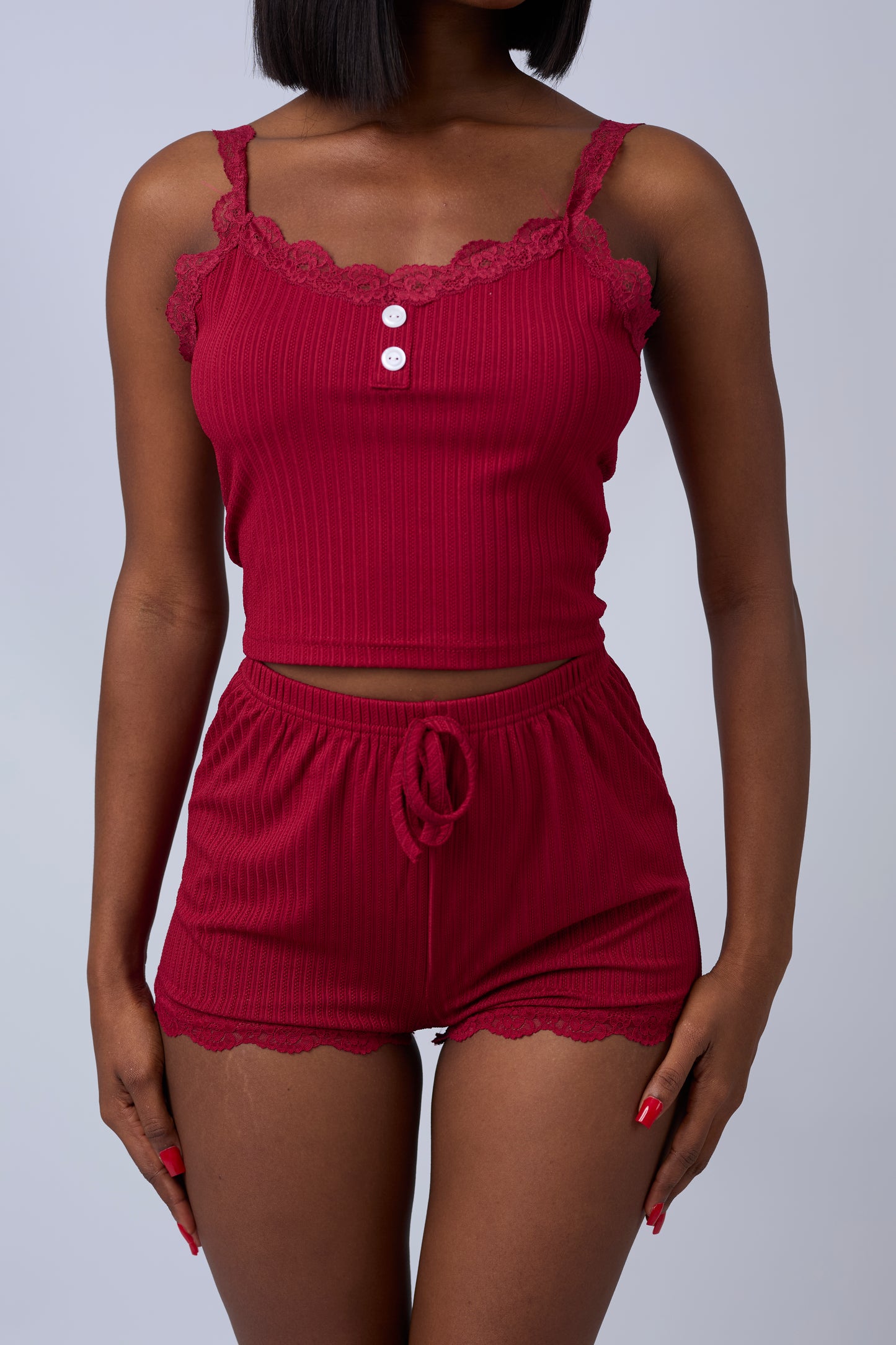 Cotton & Lace Trim Short Pyjama Set in Red