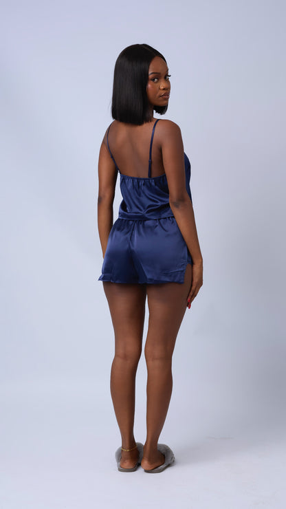 Satin PJ Short Set in Dark Blue