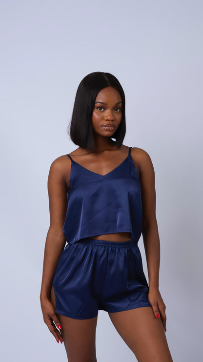 Satin PJ Short Set in Dark Blue